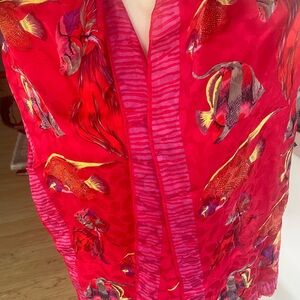 Adrienne Vittadini Silk Scarf Red with Tropical Fish  Oblong  65 inch Vintage
